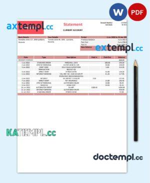 sample Slovenia Addiko bank statement template in Word and PDF format download