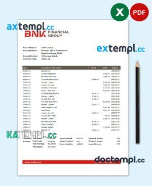 sample South Korea BNK bank statement easy to fill template in Excel and PDF format download