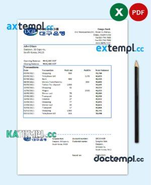 sample South Korea Daegu bank statement easy to fill template in Excel and PDF format download