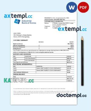 sample South Korea Industrial Bank of Korea bank statement template in Word and PDF format download