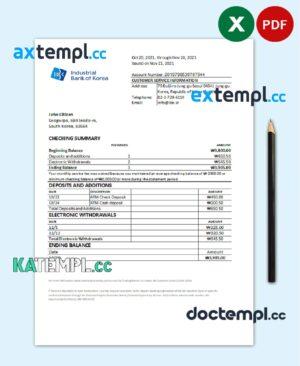 sample South Korea Industrial bank statement easy to fill template in Excel and PDF format download