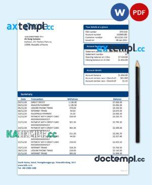 sample South Korea KDB bank proof of address statement template in Word and PDF format download