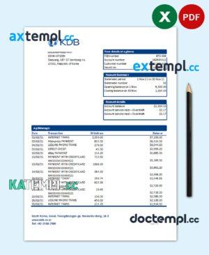 sample South Korea KDB bank statement easy to fill template in Excel and PDF format download