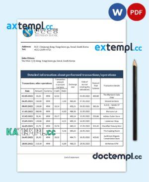 sample South Korea Shinhan bank statement template in Word and PDF format download