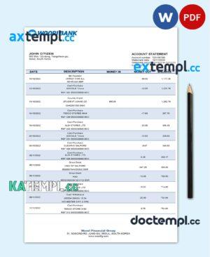 sample South Korea Woori bank statement template in Word and PDF format download