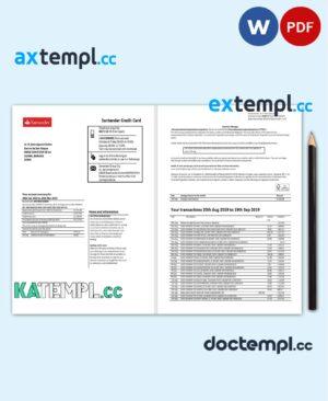 sample Spain Santander credit card statement template, Word and PDF format (.doc and .pdf), 2 pages download