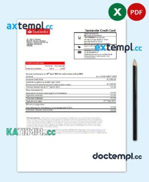 sample Spain Santander credit card proof of address bank statement in Excel and PDF format download