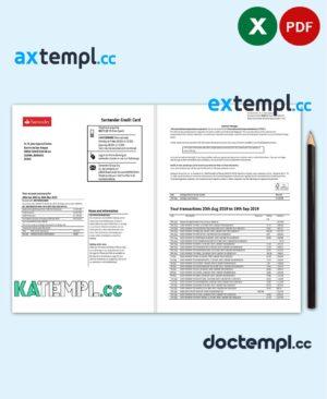 sample Spain Santander credit card statement template, Excel and PDF format (.xls and .pdf), 2 pages download