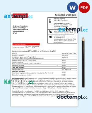 sample Spain Santander credit card proof of address bank statement in Word and PDF format download