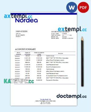 sample Sweden Nordea Bank AB bank statement easy to fill template in .doc and .pdf format, fully editable download