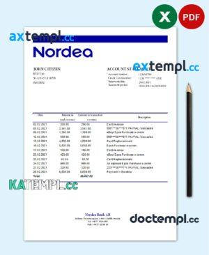 sample Sweden Nordea Bank statement easy to fill template in .xls and .pdf file format download