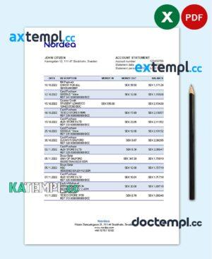 sample Sweden Nordea bank statement, Excel and PDF template download