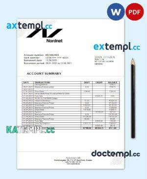 sample Sweden Nordnet AB bank statement easy to fill template in .doc and .pdf format, fully editable download