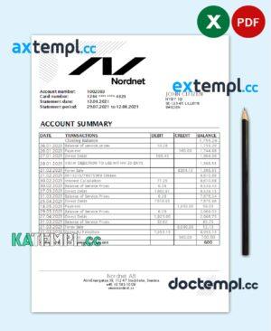sample Sweden Nordnet AB bank statement easy to fill template in .xls and .pdf file format download