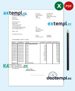 sample Switzerland Credit Suisse Bank statement easy to fill template in .xls and .pdf file format download