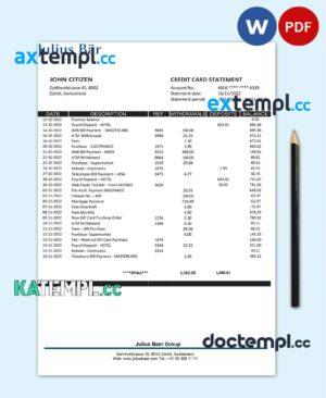 sample Switzerland Julius Bar bank statement template in Word and PDF format download
