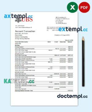 sample Switzerland UBS Bank statement easy to fill template in Excel and PDF format download