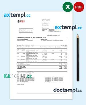 sample Switzerland UBS bank statement template in .xls and .pdf file format, Version 2 download