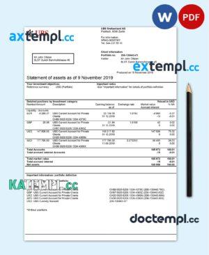 sample Switzerland UBS bank statement template in Word and PDF format, version 2 download
