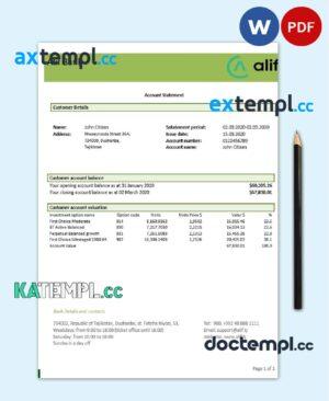 sample Tajikistan Alif Bank statement template, Word and PDF format (.doc and .pdf) download