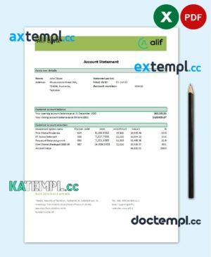 sample Tajikistan Alif Bank statement template in Excel and PDF format download