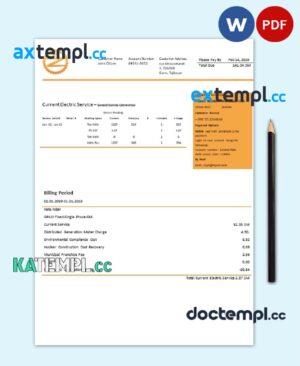 sample Tajikistan Barqi Tojik Company electricity utility bill template in Word and PDF format download