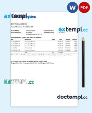 sample Thailand Bangkok Bank Savings Account statement template in Word and PDF format download