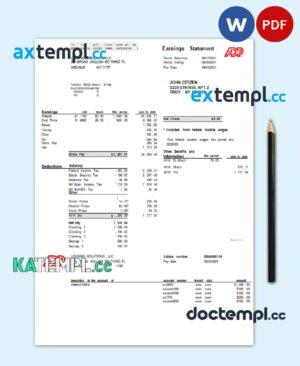 sample USA ADP business corporate earnings statement template in Word and PDF format download