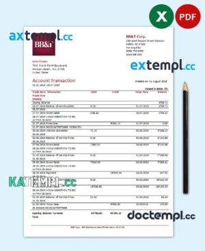 sample USA BB&T Corp. bank statement easy to fill template in .xls and .pdf file format download