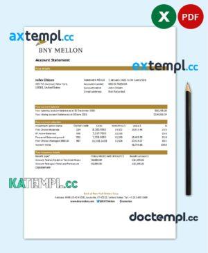 sample USA Bank of New York Mellon bank statement easy to fill template in Excel and PDF format download