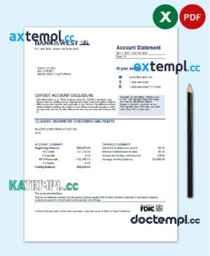 sample USA Bank of the West bank statement easy to fill template in Excel and PDF format download