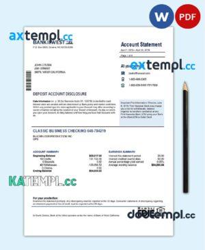 sample USA Bank of the West bank statement template in Word and PDF format download