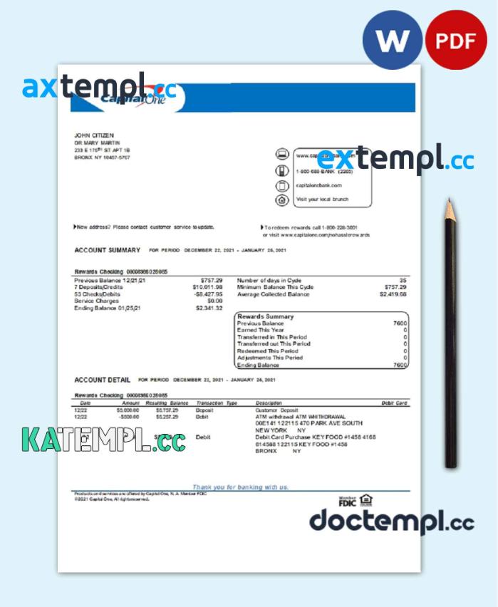 sample USA Capital One bank statement template in Word and PDF format, version 4 download