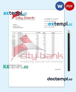 sample USA City Bank statement template in Word and PDF format download