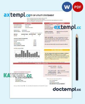 sample USA City of Utility Statement water utility bill template in Word and PDF format download