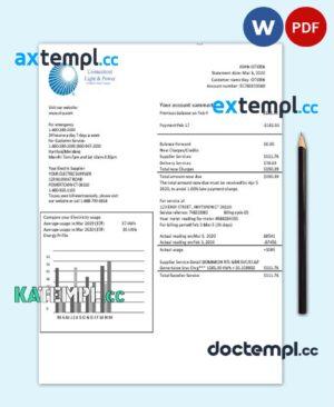 sample USA Connecticut Light & Power electricity utility bill in Word and PDF format download