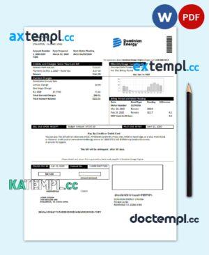 sample USA Dominion Energy utility bill template in Word and PDF format download