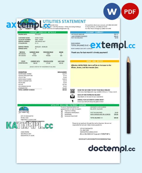 sample USA Florida City of Edgewater utility bill template in Word and PDF format download
