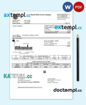 sample USA Hawaii Water Service Company utility bill template in Word and PDF (.doc and .pdf) format download