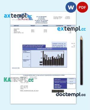 sample USA Iowa City of Des Moines water utility bill template in Word and PDF format download