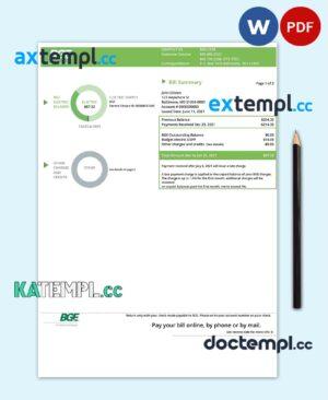sample USA Maryland Baltimore Gas and Electric (BGE) utility bill template in Word and PDF format (2 pages) download