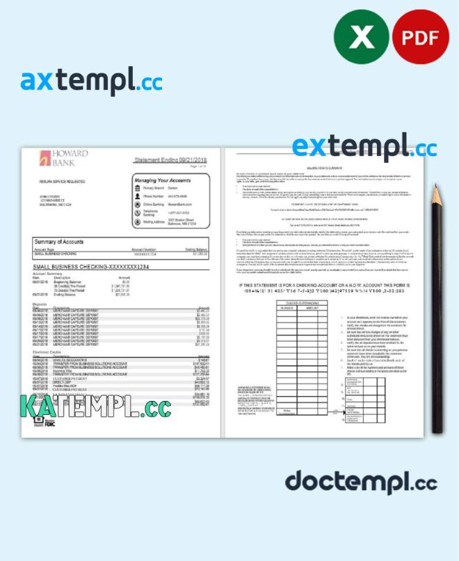 sample USA Maryland Howard Business bank statement template, Excel and PDF format (.xls and .pdf) (4 pages) download