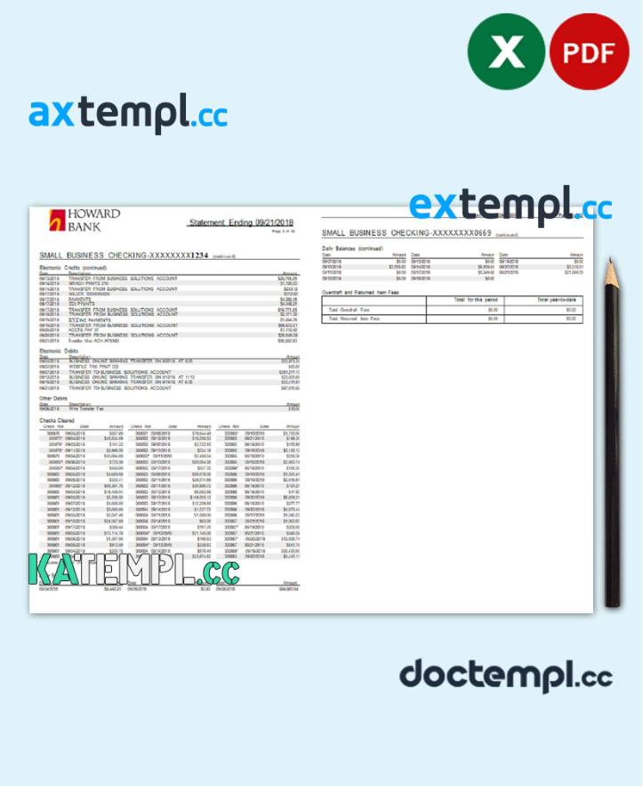 sample USA Maryland Howard Business bank statement template, Excel and PDF format (.xls and .pdf) (4 pages) download - Image 2