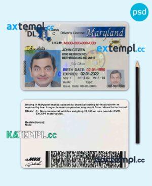 sample USA Maryland driving license template in PSD format, 2003-2016 download