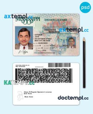 sample USA Mississippi driving license template in PSD format download