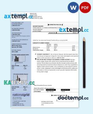 sample USA New York National Grid utility bill template in Word and PDF format download