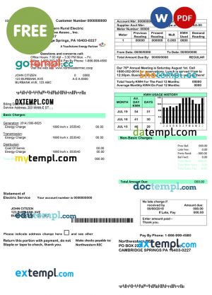 USA Northwestern Rural Electric utility bill download example, fully editable in Word and PDF format
