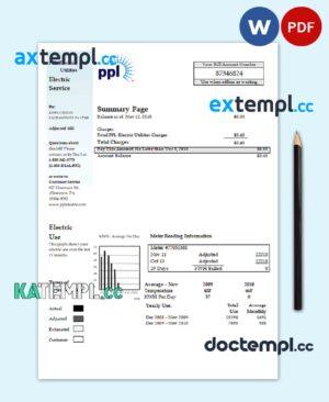 sample USA Pennsylvania PPL Electric utility bill template in Word and PDF format download