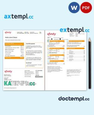 sample USA San Francisco Xfinity Comcast utility bill template in Word and PDF format (2 pages) download