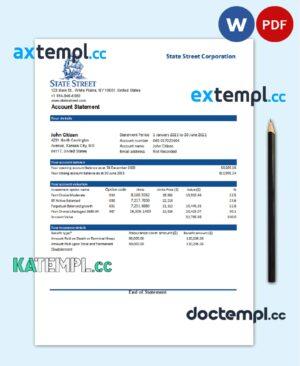 sample USA State Street Corporation bank statement template in Word and PDF format download